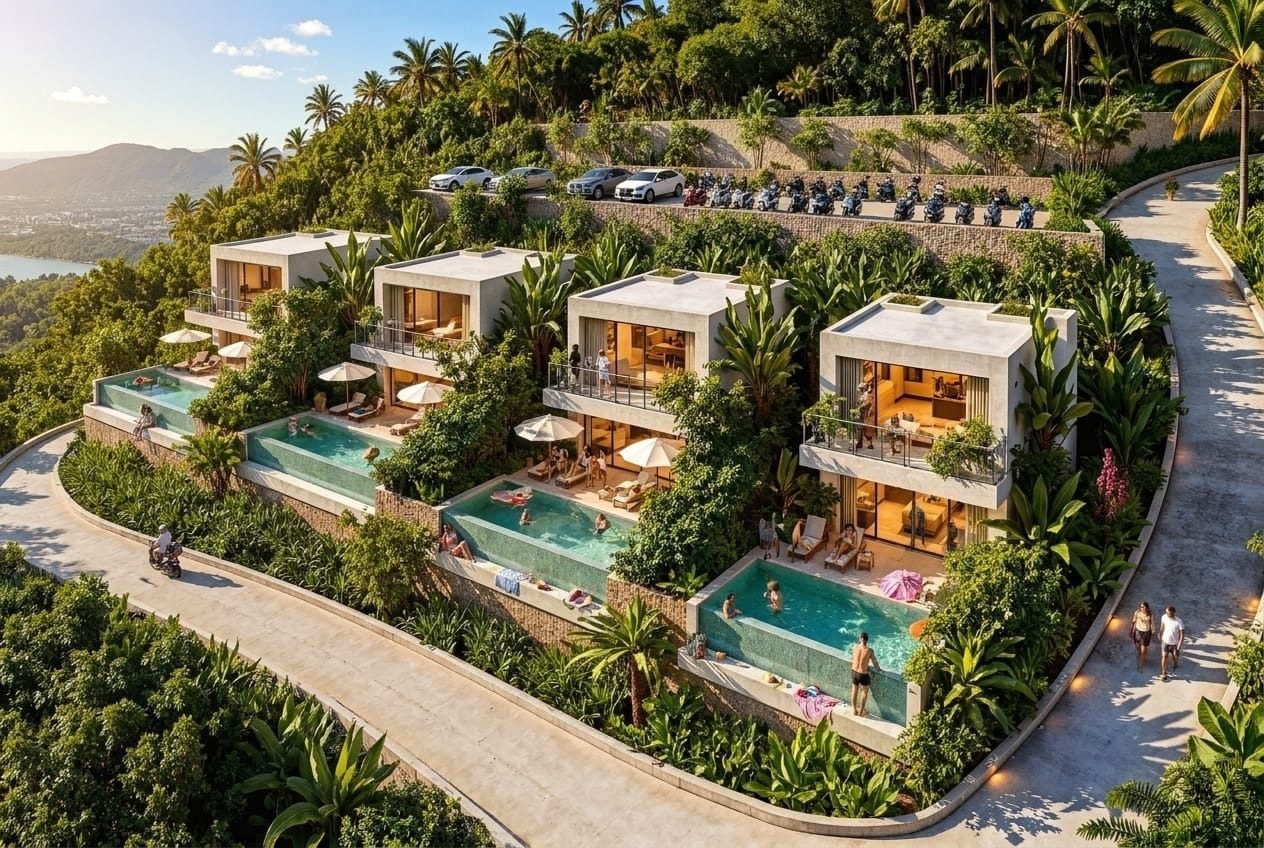 Aerial view of the terraced AMANA villas above the bay of Kuta