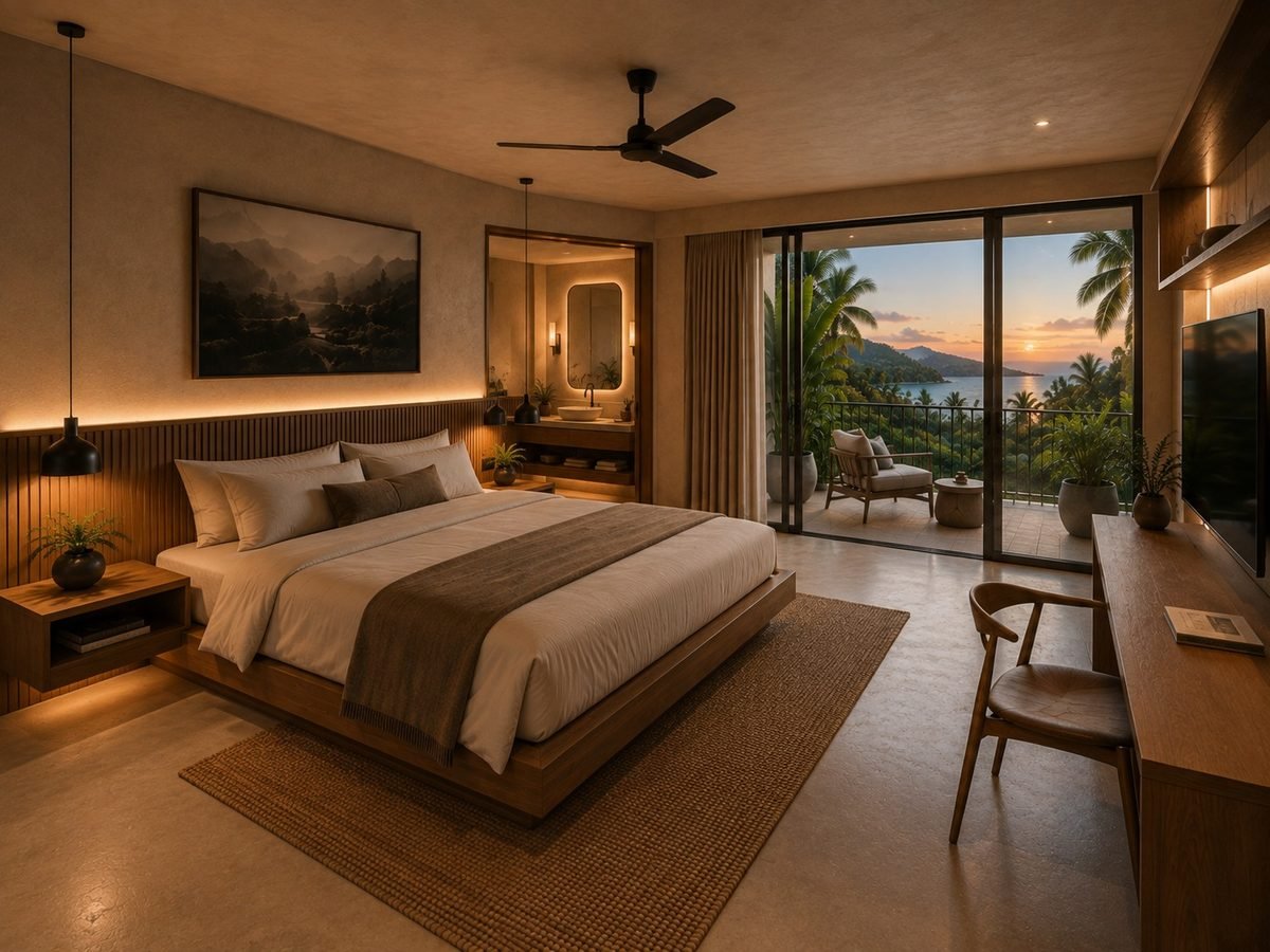 En-suite bedroom opening onto the lagoon-view balcony