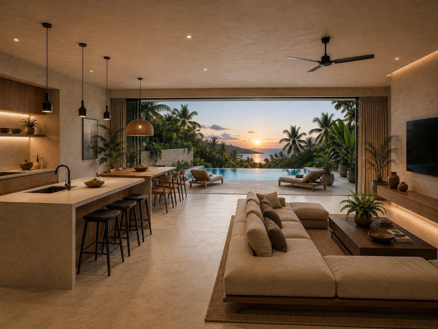 Living room and kitchen opening level with the deck and the infinity pool