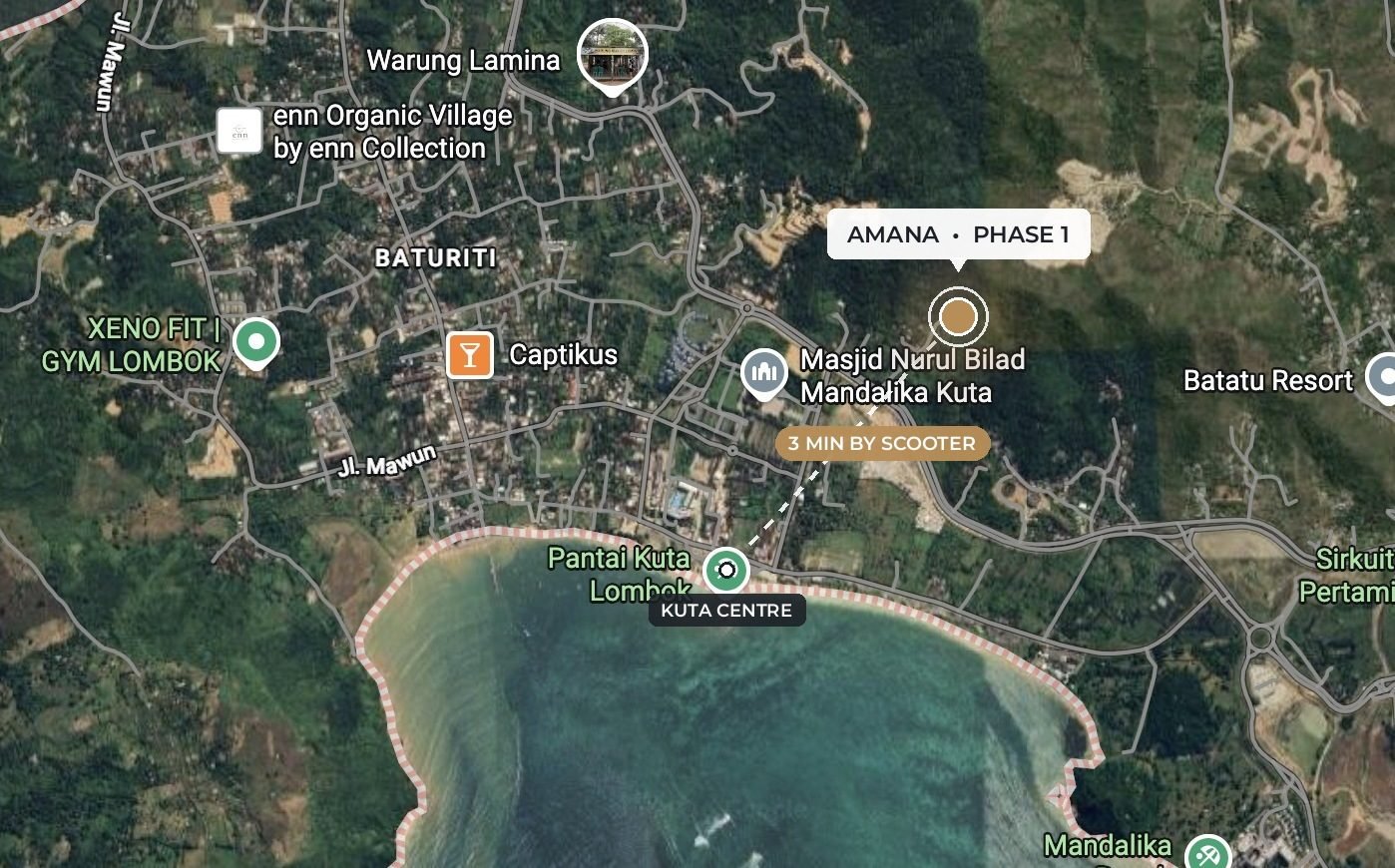 Map showing the AMANA development above the Kuta lagoon, Lombok